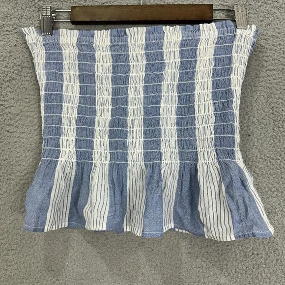American Eagle tube top womens medium‎ blue white striped ruffle stretch costal - Picture 1 of 6